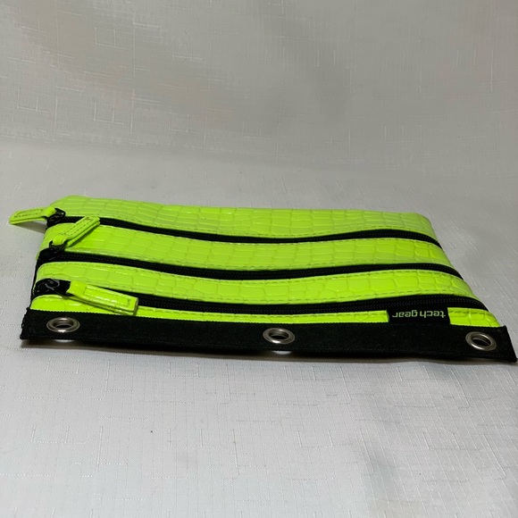 Neon Yellow Green Pencil Supplies Case 3 Section Organize Ring Bind School Fall - Picture 3 of 11